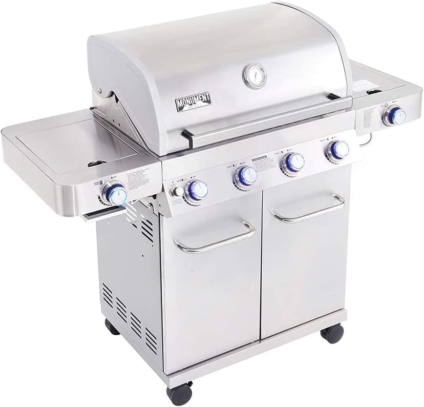 Monument Grills Larger 4-Burner Propane Gas Grills Stainless Steel Cabinet Style with Side & Side Sear Burners, Built-In Thermometer, and Knob Controls
