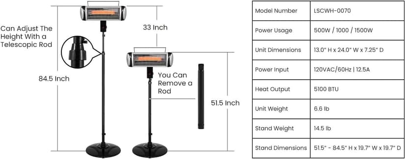 Electric Heater, Patio Heater Stand for Outdoors with 3 Heat Settings and Floor-Standing Design
