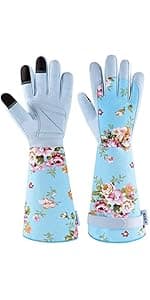 Gardening Gloves, Durable and Comfortable Women's Long Garden Gloves for Gardening Work and Yard Work, Leather Gardening Gloves for Women, Green Print (Medium)