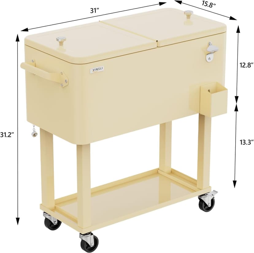 VINGLI 80 Quart Rolling Ice Chest, Portable Patio Party Bar Drink Cooler Cart, with Shelf, Beverage Pool with Bottle Opener