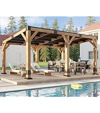 AMERLIFE 10x12 Solid Wood Gazebo, Hardtop Gazebo with Solid Spruce Frame and Aluminum Double Roof, Outdoor Pergola for Parties, Backyard, Patio, Lawns, Black + Natura Wood
