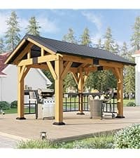 AMERLIFE 10x12 Solid Wood Gazebo, Hardtop Gazebo with Solid Spruce Frame and Aluminum Double Roof, Outdoor Pergola for Parties, Backyard, Patio, Lawns, Black + Natura Wood