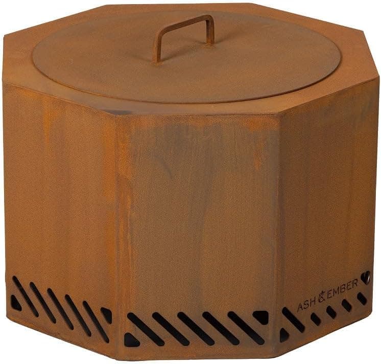 Ash & Ember 24" Corten Steel Dual Flame Smokeless Fire Pit with Lid, Ultra-Efficient Enclosed Airflow Design, Backyard Smokeless Outdoor Fire Pit, Will Patina Overtime