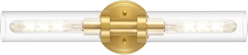 Brushed Gold Bathroom Vanity Light Fixture, 2-Light Modern Wall Sconce Lighting W/Clear Glass, Brass Wall Mount Lamp for Mirror Hallway Kitchen Living Room, E26 T10 Bulbs(Excluded)