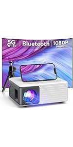 Mini Projector with WiFi and Bluetooth, AKIYO 1080P Supported Projector with Projector Stand, Portable Movie Projector for Home Theater/Outdoor, Compatible with iOS/Android/Laptop/TV Stick/HDMI/PS5