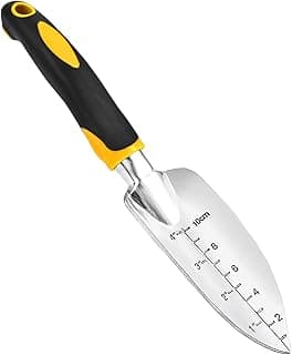 Transplanter Trowel Garden Shovel Hand Trowel Cast-Aluminum Heavy Duty Gardening Tool Depth Marker Measurement Trowel with Ergo Handle for Digging and Planting Engraved Depth Guide (Yellow)