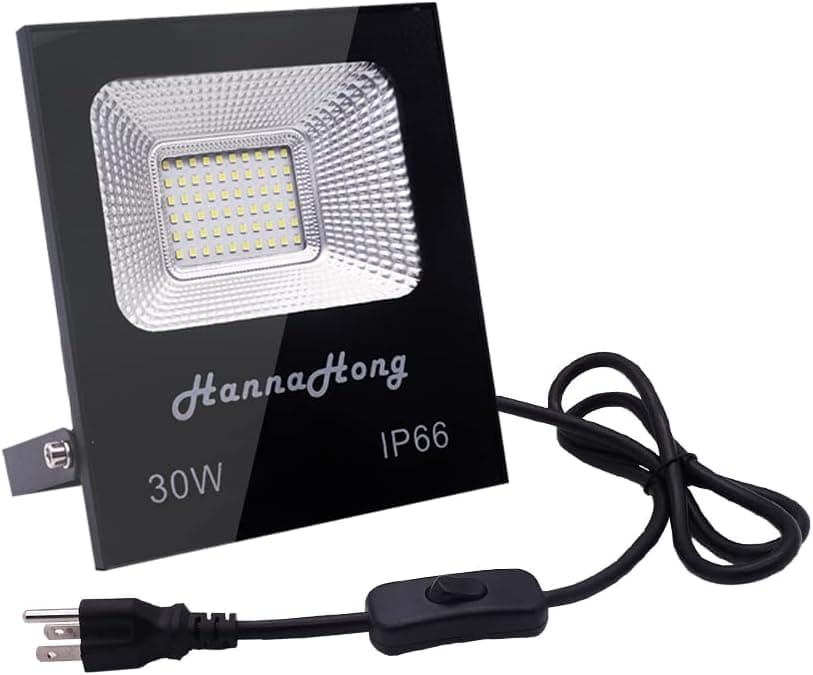 HANNAHONG 30W LED Flood Light Plug in with ON/Off Switch,Cool White,Bright Security/Work/Plant Grow Outdoor,IP66 Waterproof,Reflector Exteriore Spotlight Porch,Garage,Patio,Yard,Garden