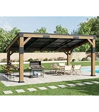 AMERLIFE 10x12 Solid Wood Gazebo, Hardtop Gazebo with Solid Spruce Frame and Aluminum Double Roof, Outdoor Pergola for Parties, Backyard, Patio, Lawns, Black + Natura Wood
