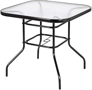 VINGLI Glass Patio Table with Umbrella Hole, 32" Square Outdoor Dining Table Steel Tempered Glass Patio Table Outdoor Table for Balcony Garden Deck