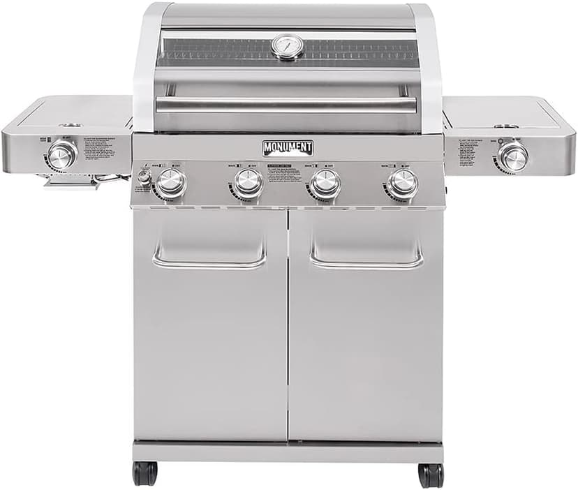 Monument Grills Larger 4-Burner Propane Gas Grills Stainless Steel Cabinet Style with Clearview® Lid, Knob Controls, Built-In Thermometer, Infrared Side Sear Burners & Side Burners