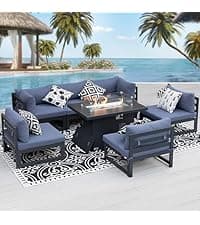 NICESOUL Modern Aluminum Outdoor Furniture Set with Propane/Gas Fire Pit, 29" Deep Seat Wide All Weather Outdoor Conversation Set, 7 Piece L-Shaped Modular Sectional Sofa for Poolside, Dark Gray