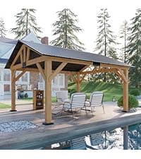 AMERLIFE 10x12 Solid Wood Gazebo, Hardtop Gazebo with Solid Spruce Frame and Aluminum Double Roof, Outdoor Pergola for Parties, Backyard, Patio, Lawns, Black + Natura Wood
