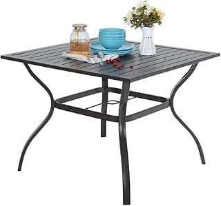 Sophia & William 37" Square Patio Outdoor Dining Table with 1.57" Umbrella Hole, All-Weather Resistant Table with E-Coating for 4 People, Black Metal Steel Slated Table for Garden Backyard Poolside