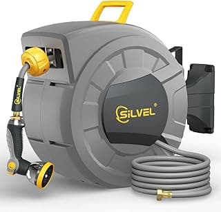 SILVEL Retractable Garden Hose Reel, 1/2 in x 110 ft Wall Mounted Garden Hose Reel, with 10 Pattern Nozzle, Any Length Lock, Slow Return System, 180°Swivel Bracket