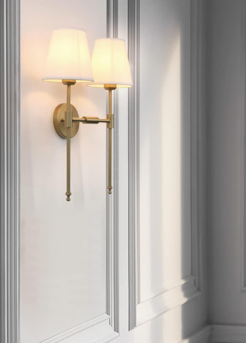 PERMO Classic Rustic Double Sconce 2-Lights Wall Sconce Lighting Fixture with Flared White Textile Lamp Shade and and Antique Brass Finished Long Arm,Wall Sconce Light Fixture for Bathroom Bedroom