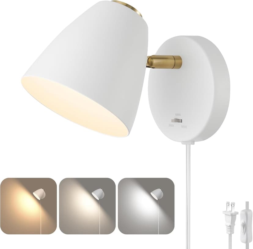 Modern Plug in Wall Light, Adjustable Angle 100°&330°White Plug in Wall Sconce, 3 Color Changeable Indoor Sconce Small Wall Mounted Reading Light, LED Wall Lamp as Kid Room Living Room Bedroom