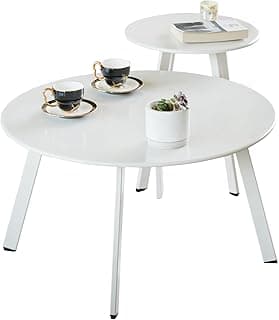 Patio Coffee Table Set of 2, Weather Resistant Outdoor Round End Table, Nesting Tables for Living Room Balcony Office, White