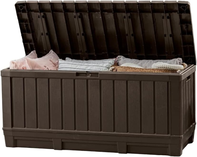 Keter Kentwood 92 Gallon Resin Deck Box-Organization and Storage for Patio Storage Box Outdoor Cushions, Throw Pillows, Garden Tools and Pool Floats, Brown
