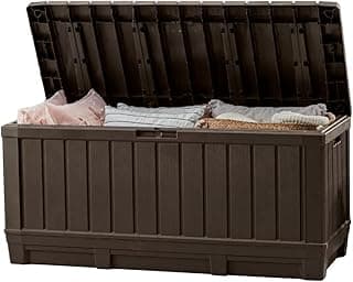 Keter Kentwood 92 Gallon Resin Deck Box-Organization and Storage for Patio Storage Box Outdoor Cushions, Throw Pillows, Garden Tools and Pool Floats, Brown