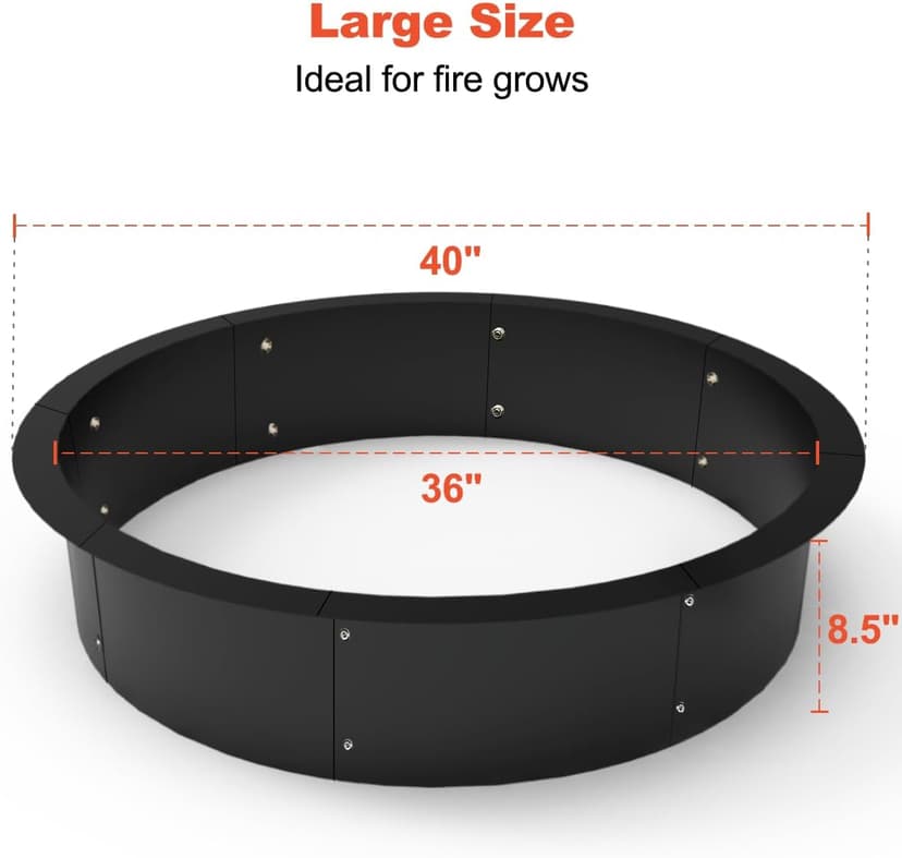 Koutemie Outdoor Fire Pit Ring Liner 40-Inch Outer/36-Inch Inner Diameter, Heavy Duty Solid Metal Steel Round Firepit Rim Insert for Outside DIY Campfire Ring Above or In-Ground, Black