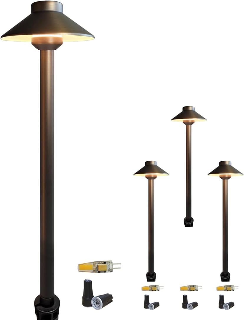 COLOER Brass Low Voltage Outdoor Path Lights 4-Pack with 2W LED G4 Bulb,12V Waterproof China Hat Pathway Lighting for Yard, Patio, Landscape, Planter, Walkway(602B)