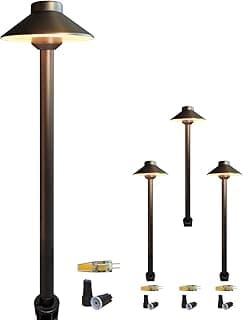 COLOER Brass Low Voltage Outdoor Path Lights 4-Pack with 2W LED G4 Bulb,12V Waterproof China Hat Pathway Lighting for Yard, Patio, Landscape, Planter, Walkway(602B)