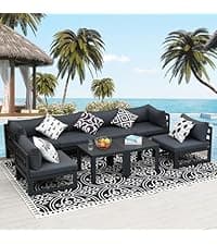 NICESOUL Modern Aluminum Outdoor Furniture Set with Propane/Gas Fire Pit, 29" Deep Seat Wide All Weather Outdoor Conversation Set, 7 Piece L-Shaped Modular Sectional Sofa for Poolside, Dark Gray