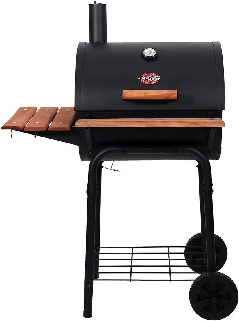 Char-Griller® Wrangler® Charcoal Grill in Black with Wood Shelves, EasyDump™ Ash Pan, Premium Wood Front and Side Shelves with Utensil Hooks, 635 Cooking Square Inches in Black, Model E2123