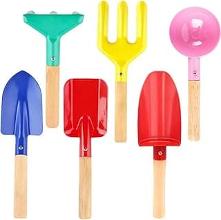 Beach Toys for Kids, 6Pcs 8'' Kids Gardening Tools Sand Toys Set, Metal Garden Tools with Sturdy Wooden Handle, Cylinder, Spoon, Fork, Rake, Flat & Pointed Shovel, Gifts for Children
