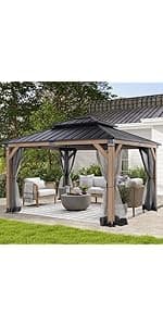 CHARMELEON 10'x12' Wood Gazebo,Patio Cedar Wood Gazebo with Mosquito Netting and Curtains, Galvanized Steel Hardtop Pavilion for Outdoor, Garden, Deck