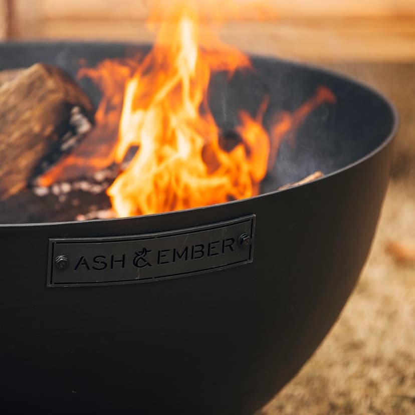Ash & Ember 29" Hemisphere Fire Pit, Wood Burning Backyard Fireplace, Round Flat Flanged Base, Cast Iron High-Temp Black Paint Fire Bowl, Portable Outdoor Firepit