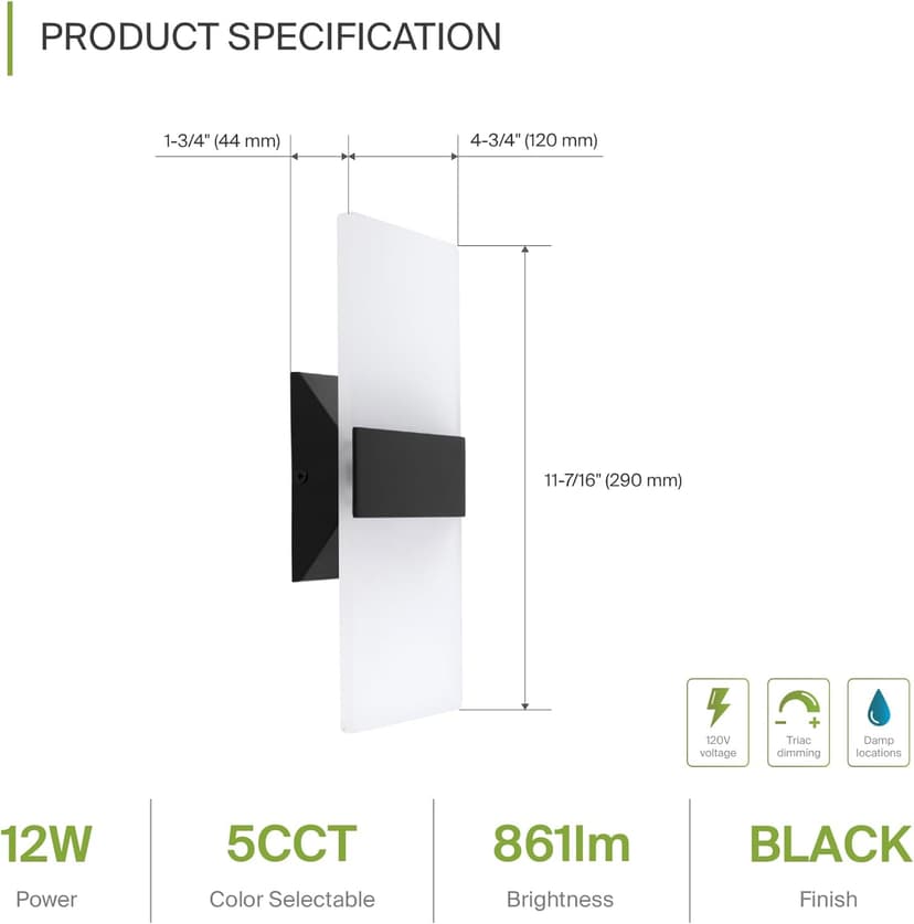 ASD 12 Inch LED Indoor Wall Sconce - Modern Interior 12W 2700K-5000K Adjustable Dimmable Wall Mounted Light Fixtures, Acrylic Glass Wall Lights for Stairway, Hallway - UL, Matte Black