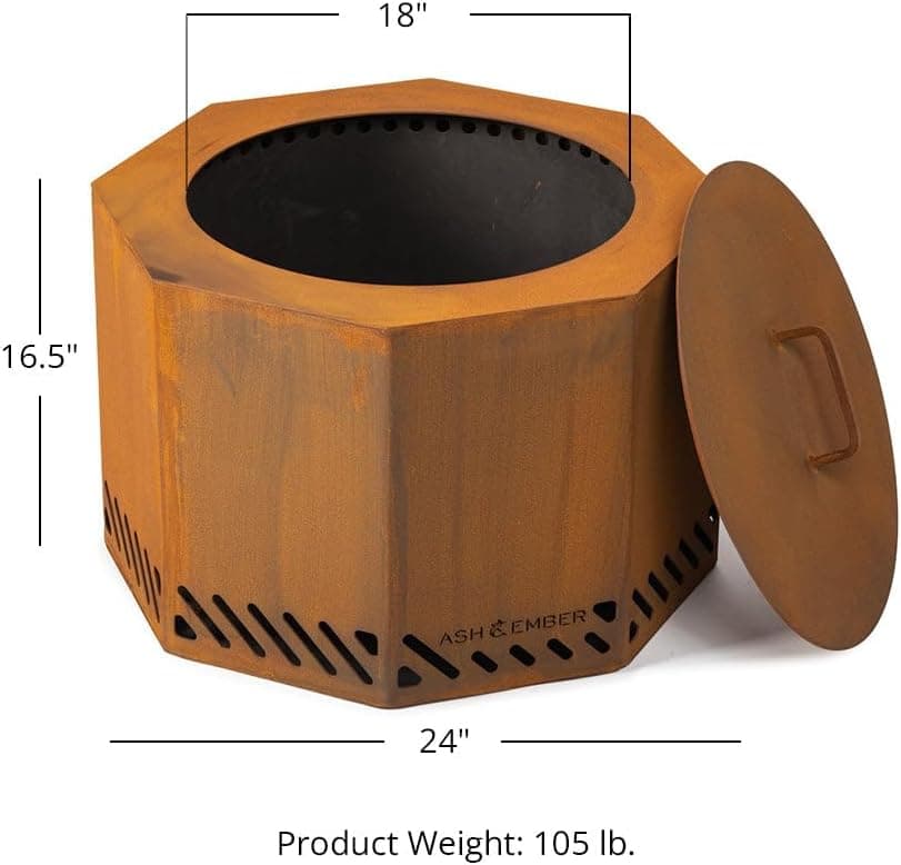 Ash & Ember 24" Corten Steel Dual Flame Smokeless Fire Pit with Lid, Ultra-Efficient Enclosed Airflow Design, Backyard Smokeless Outdoor Fire Pit, Will Patina Overtime