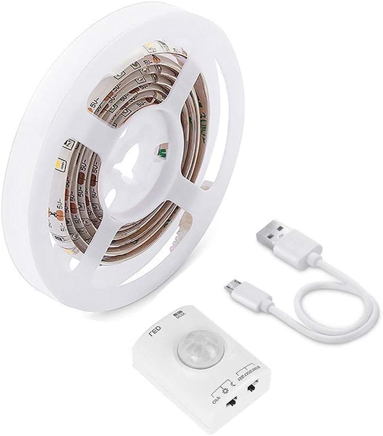 LUXJET 1M Rechargeable Motion Sensor Wardrobe Light, Flexible LED Strip with 30LED, PIR and Light Sensor, Warmwhite Night Light for Wall Closet Cabinet (1mr)