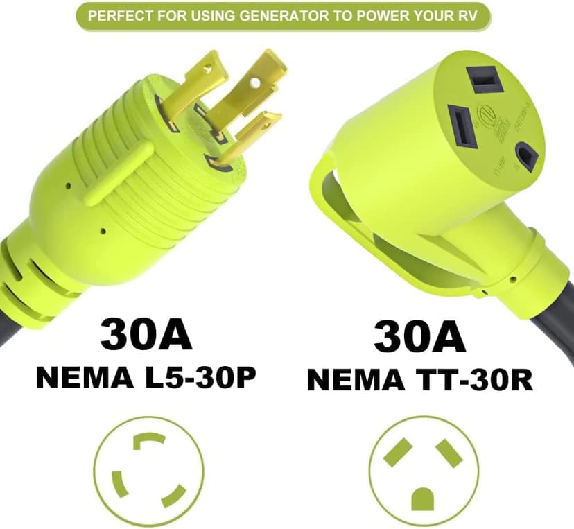 3 Prong 30 Amp RV Generator Adapter, NEMA L5-30P Twist Lock Male Plug to NEMA TT-30R Female,Outdoor Ower Equipment Suitable for RV Trailer Camper,Heavy Duty STW 10 AWG, ETL Listed (12 Inch)