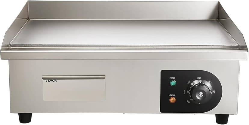 VEVOR Commercial Electric Griddle, 22", 1600W Countertop Flat Top Griddle, Stainless Steel Teppanyaki Grill w/Iron Cooking Plate, 122-572℉ Adjustable Temp Control 2 Shovels & Brushes, 110V