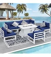 NICESOUL Modern Aluminum Outdoor Furniture Set with Propane/Gas Fire Pit, 29" Deep Seat Wide All Weather Outdoor Conversation Set, 7 Piece L-Shaped Modular Sectional Sofa for Poolside, Dark Gray