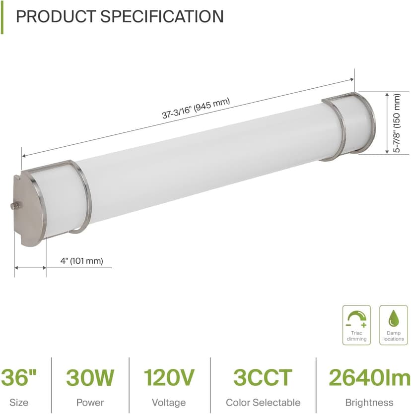 ASD LED 36 Inch Flush Mount Vanity Lighting Fixture | 30W 2650LM 3000K-5000K 120V | 3CCT, Dimmable, Energy Star, ETL Listed | Bathroom Linear Wall Light Bar, Long Tube Bath Sconce | Nickel