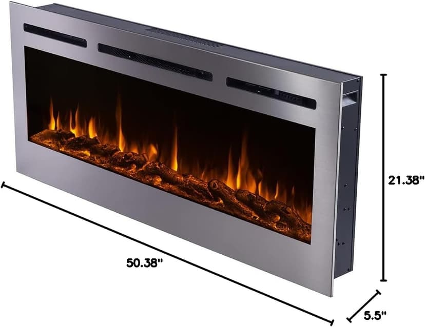 Touchstone Sideline Deluxe -Stainless Steel Smart Electric Fireplace- 50" Wide- Alexa/WiFi-Enabled- in Wall Recessed- 5 Flame Settings- 9 Flame Colors- 1,500W Heater- Log & Crystal Options- 86273