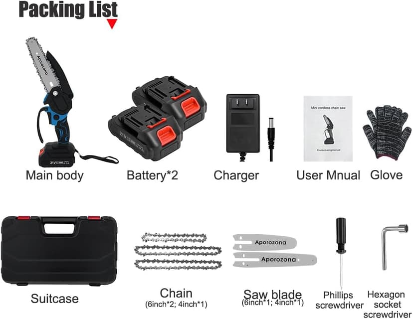 Mini Chainsaw Cordless 6 inch & 4 inch,2-in-1 Portable Electric Chain Saw Set, Handheld Chainsaw with 2 Batteries & Safety Lock for Tree Trimming, Wood Cutting, Garden & Home Use