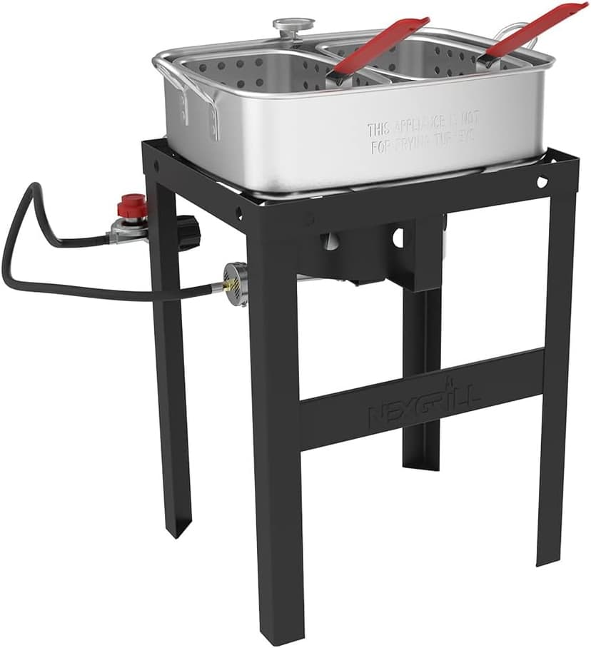 Nexgrill 18 Qt Aluminum Fish Fryer with Crawfish Boiler Pot & Double Strainer Basket for Poultry, Seafood, and More, 58,000 BTU Outdoor Deep Fryer, Welded Steel Stand & Included Thermometer - 840-0006