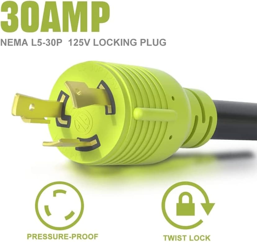 3 Prong 30 Amp RV Generator Adapter, NEMA L5-30P Twist Lock Male Plug to NEMA TT-30R Female,Outdoor Ower Equipment Suitable for RV Trailer Camper,Heavy Duty STW 10 AWG, ETL Listed (12 Inch)