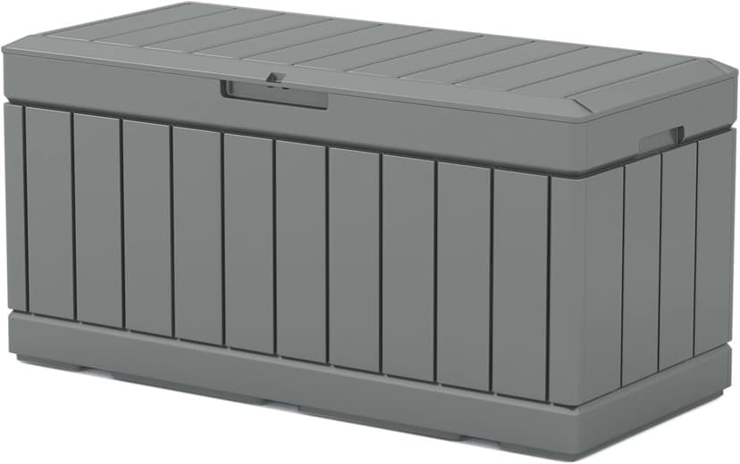 Patiowell 82 Gallon Resin Deck Box, Waterproof Large Wood Look Storage Box for Patio Furniture, Pool Accessories, Garden Tools and Sports Equipment, Lockable, Grey