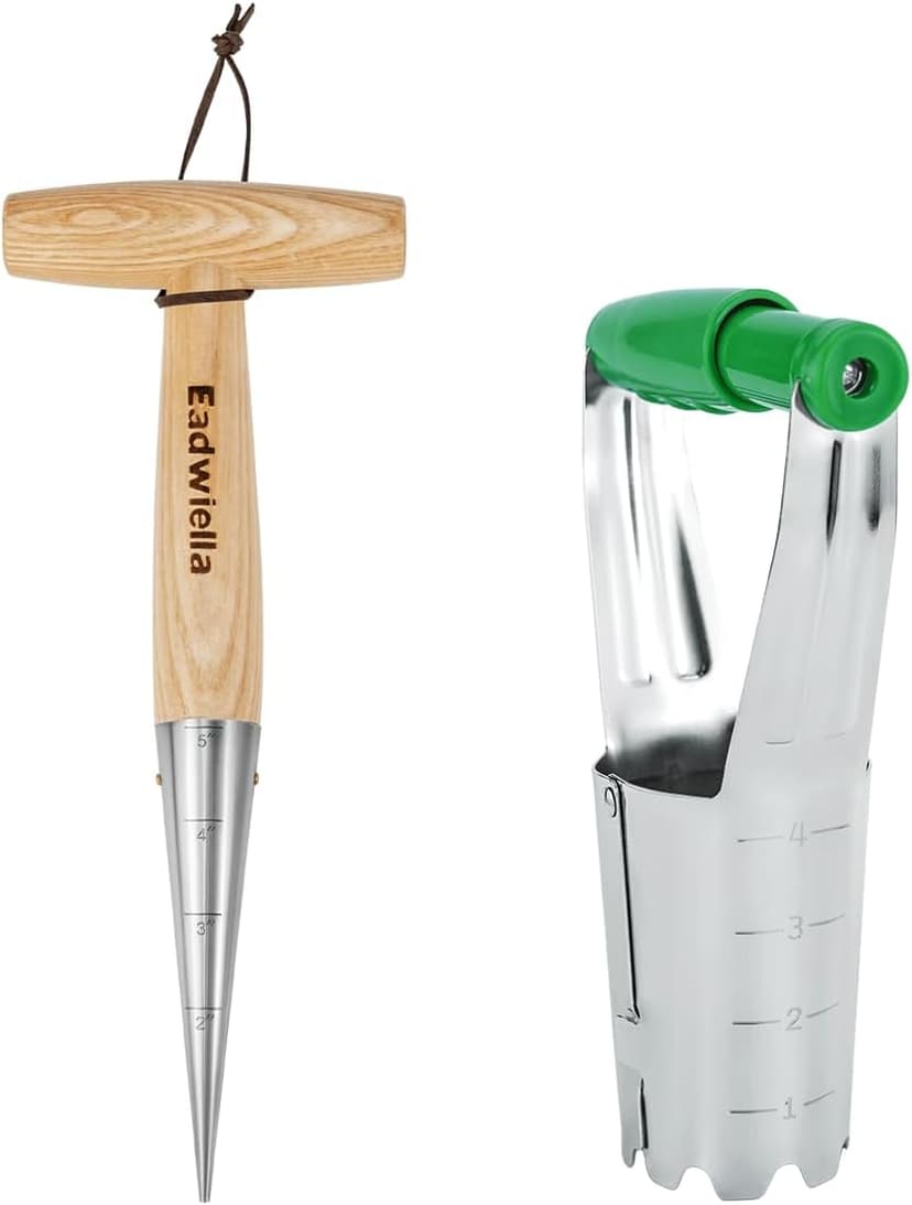 Dibber with 5 Inch Measurements Seed Dibber Garden Tool Hand Dibbler Seed Planter Tool Seed Dispenser Hole Digger for Planting + Bulb Planter Tool with Release Button&4Inch Measurements Tulip Planting