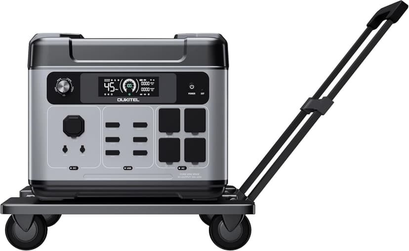 OUKITEL P2001 PLUS Power Station 2400W Solar Generator 2048Wh with 4XAC Output(Peak 5000W) with Foldable Cart 1.5Hrs Fast Charging APP Control Emergency LiFePO4 Battery for Home Backup Camping RVs