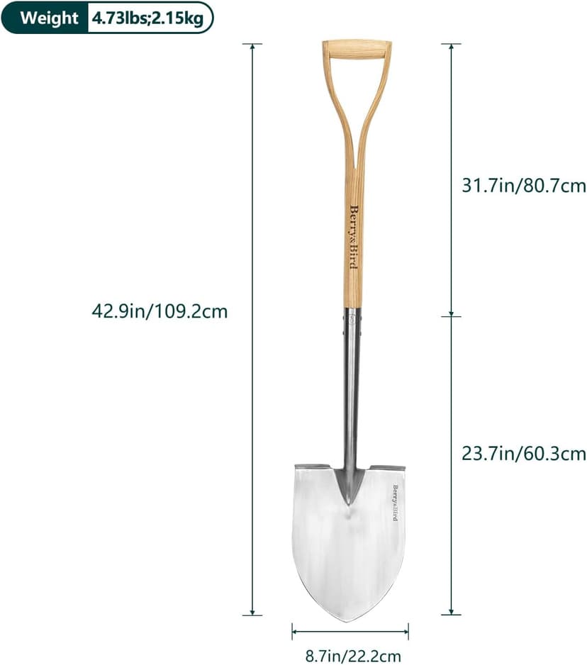 Shovels for Digging, 43’’ Round Spade Heavy Duty Shovel with Wooden D Handle Stainless Steel Snow Shovel Garden Shovel Yard for Transplanting & Outdoor