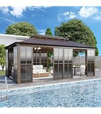 EROMMY 12' x 16' Sunroom, All-Season Gazebo Solarium with Sliding Doors, Lockable PC Screen Walls, Outdoor Permanent Sun Room with Galvanized Steel Roof, Aluminum Frame, for Garden, Patio, Deck