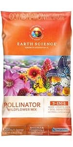 Wildflower Pollinator Mix from Earth Science, 3-in-1 Mix with Premium Wildflower Seed, Plant Food and Soil Conditioners, Non-GMO, for Bees, Hummingbirds, Butterflies, Pollinators 6 lb