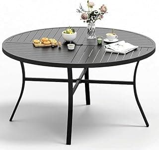 54" Patio Dining Table for 6, Round Patio Table with Umbrella Hole,E-Coating and Powder Coating Steel Frame Metal Outdoor Patio Table for Garden Backyard Lawn Yard