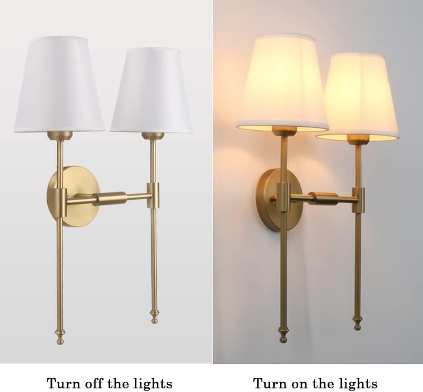 PERMO Classic Rustic Double Sconce 2-Lights Wall Sconce Lighting Fixture with Flared White Textile Lamp Shade and and Antique Brass Finished Long Arm,Wall Sconce Light Fixture for Bathroom Bedroom